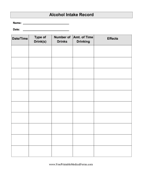 Alcohol Intake Record Medical Form