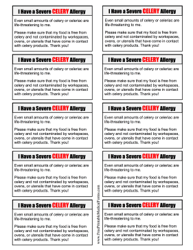 Allergy Card Celery Medical Form