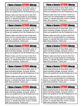 Allergy Card Citrus Medical Form