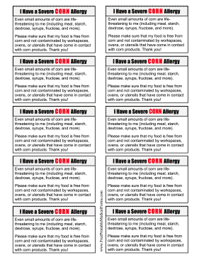 Allergy Card Corn Medical Form