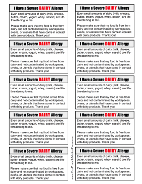 Allergy Card Dairy Medical Form