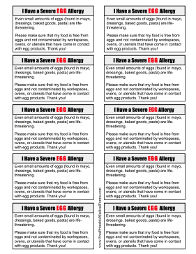 Allergy Card Egg Medical Form