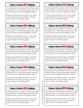 Allergy Card Milk Medical Form