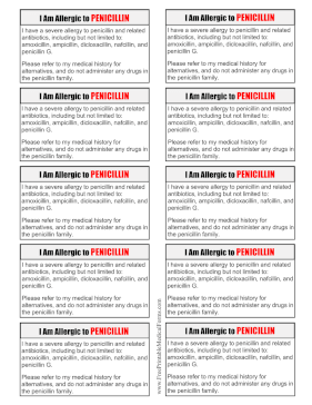 Allergy Card Penicillin Medical Form