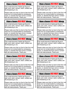 Allergy Card Red Meat Medical Form