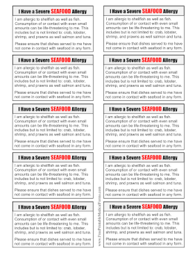 Allergy Card Seafood Medical Form