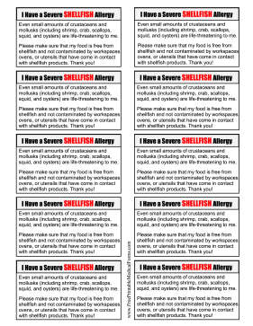 Allergy Card Shellfish Medical Form