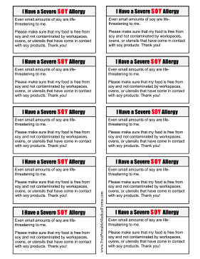 Allergy Card Soy Medical Form