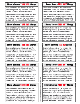 Allergy Card Tree Nuts Medical Form