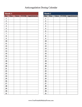 Anticoagulation Dosing Calendar Medical Form