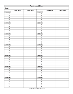 Appointment Sheet Ten Minute Intervals Medical Form