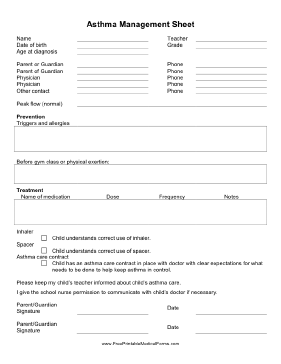 Asthma Management Sheet Medical Form