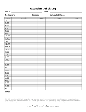 Attention Deficit Log Medical Form