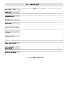 Child's Medication Log Medical Form