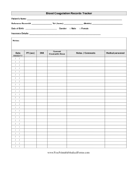 Blood Coagulation Records Tracker Medical Form