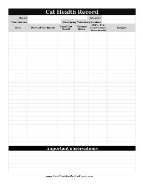 Cat Health Record Medical Form