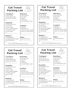 Cat Travel Packing List Medical Form