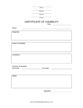 Printable Certificate of Disability Form