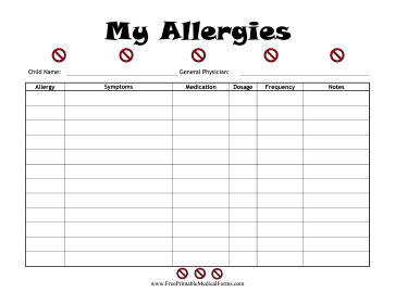 Printable Child Allergies Log