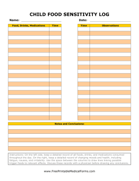 Child Food Sensitivity Detection Log Medical Form