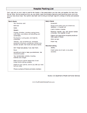 Childbirth Hospital Packing List Medical Form