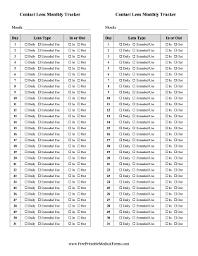 Contact Lens Monthly Tracker Medical Form