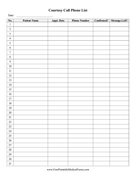 Courtesy Call Phone List Medical Form