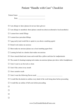 Dental Handle With Care Checklist Medical Form