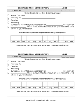 Dental Office Treatment Reminder Postcard Medical Form