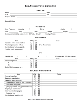 Ears Nose Throat Exam Medical Form