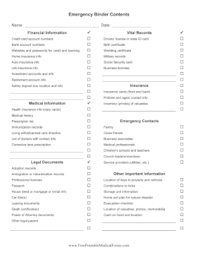 Emergency Binder Contents List Medical Form