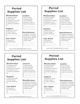 First Period Supplies List Medical Form