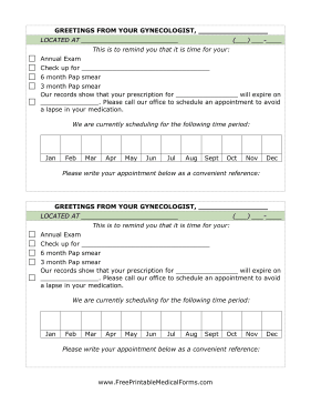 Gynecologist Reminder Postcard Medical Form