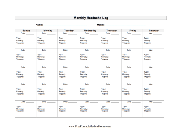 Monthly Headache Log Medical Form