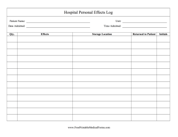 Hospital Personal Effects Log Medical Form