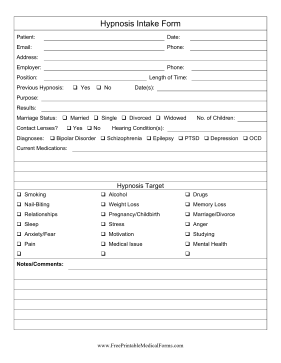 Hypnosis Intake Form Medical Form