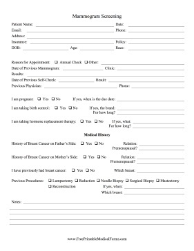 Mammogram Screening Medical Form