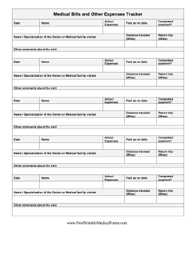 Medical Bills and Other Expenses Tracker Medical Form