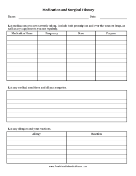 Medical Surgical History Form Medical Form