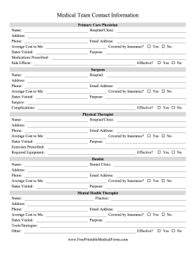 Medical Team Contact Information Medical Form