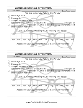 Optometrist Appointment Reminder Postcard Medical Form