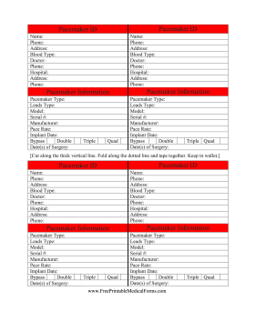 Pacemaker Wallet Card Medical Form