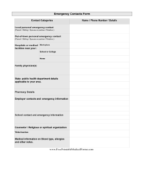 Pandemic-Emergency Contacts Form Medical Form