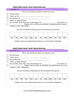 Pediatrician Reminder Postcard Medical Form