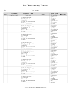 Pet Chemotherapy Tracker Medical Form