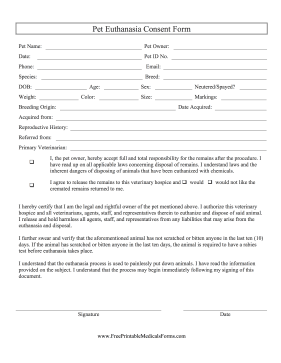 Pet Euthanasia Consent Form Medical Form