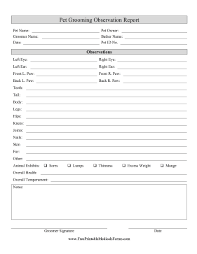 Pet Grooming Observation Report Medical Form