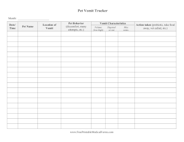 Pet Vomit Tracker Medical Form