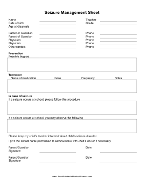 Seizure Management Sheet Medical Form