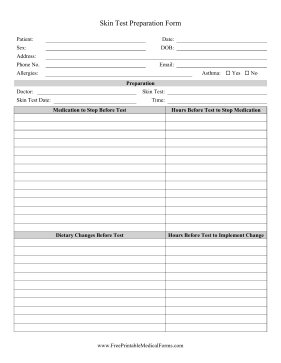 Skin Test Preparation Form Medical Form